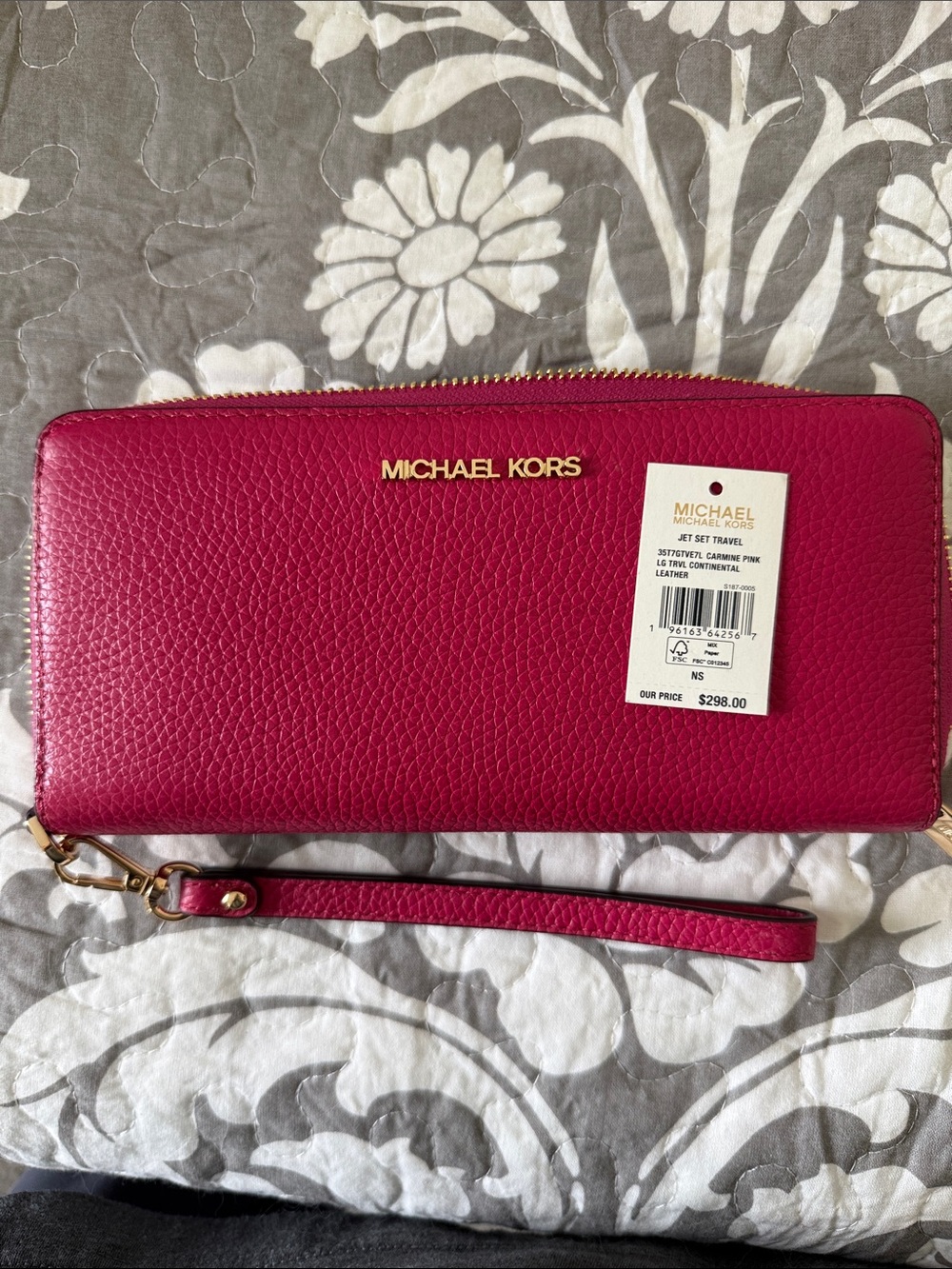 Michael Kors Pebbled Leather Large Travel Continental Wallet in Carmine Pink NWT